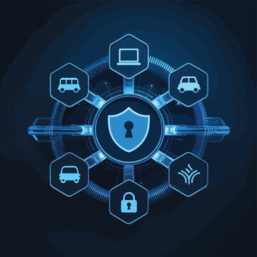 Cyber Security Concept with Digital Shield and Interconnected Icons for Smart Home, Car, and Data Protection.