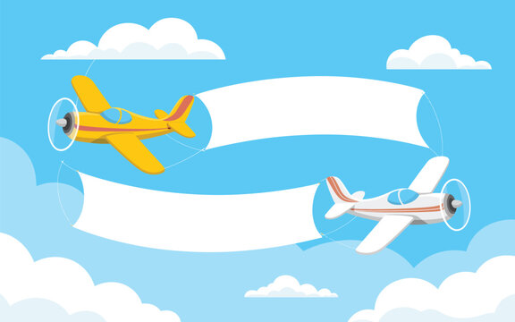  Two airplanes flying in blue sky with blank white advertising banners flat vector illustration