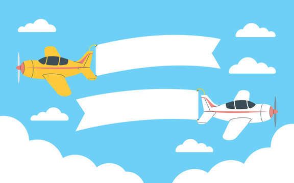  Two airplanes flying in blue sky with blank white advertising banners flat vector illustration