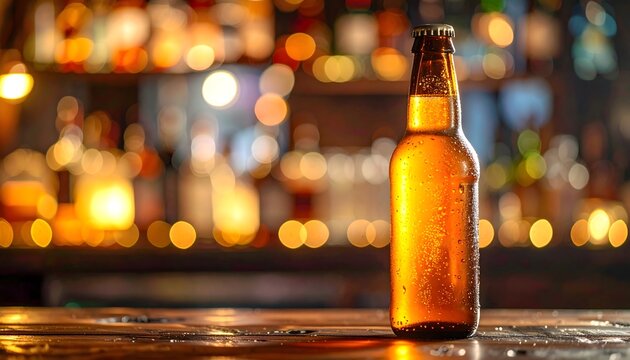 Botella de cerveza &aacute;mbar sobre barra de bar con luces desenfocadas