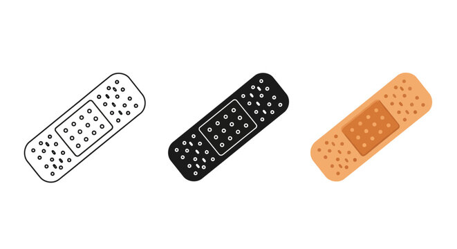 A versatile collection of three modern vector graphic illustrations depicting classic adhesive bandages in outline, solid black, and colored design variations for medical purposes.