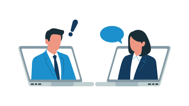  Online Business Meeting and Virtual Communication Concept - Professional Man and Woman Discussing via Laptop with Speech Bubbles Illustration