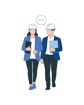  Two Architects or Engineers Discussing Project While Walking - Professional Construction Supervisors in Safety Helmets with Portfolios Illustration