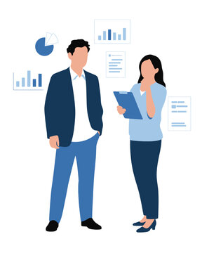   Business Professionals Analyzing Data and Statistics - Corporate Team Discussing Financial Growth and Strategy with Charts and Graphs Illustration