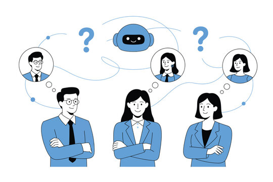  Business Professionals Communicating with AI Chatbot - Human-AI Collaboration, Digital Assistant, and Customer Support Concept Illustration