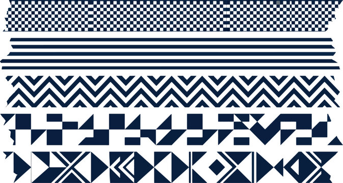 Set of geometric tribal patterns and seamless ethnic borders decorative washi tape design elements