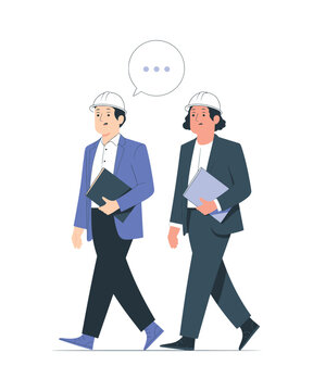  Two Architects or Engineers Discussing Project While Walking - Professional Construction Supervisors in Safety Helmets with Portfolios Illustration