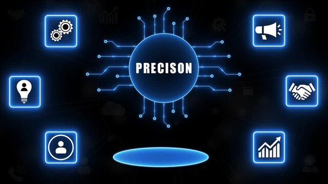 Digital concept of precision with interconnected icons and glowing central circle accuracy exactness.4k Animation.