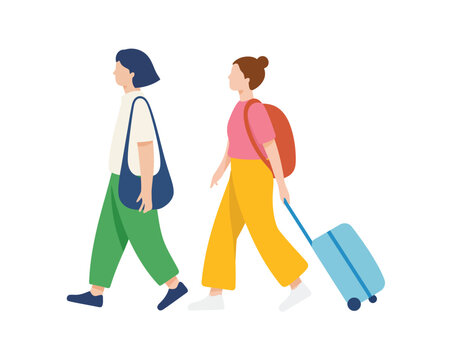  Young Couple Traveling Together with Luggage and Backpacks - Flat Illustration of Tourists Walking for Vacation or Journey