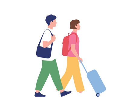  Young Couple Traveling Together with Luggage and Backpacks - Flat Illustration of Tourists Walking for Vacation or Journey