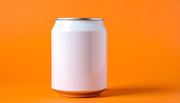 Lata blanca sin etiqueta sobre fondo naranja para maqueta de producto
