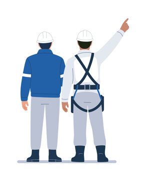  Construction Workers and Engineers Back View - Professionals in Safety Gear and Hard Hats Directing Industrial Project
