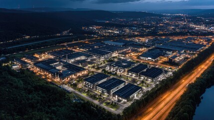 Obraz premium Aerial View of a Modern Business Park at Dusk with Illuminated Buildings and Roads.