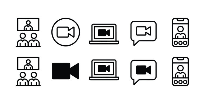  Online Video Conference and Digital Communication Line Icons Set - Virtual Meeting, Remote Work, and Webinar Symbols