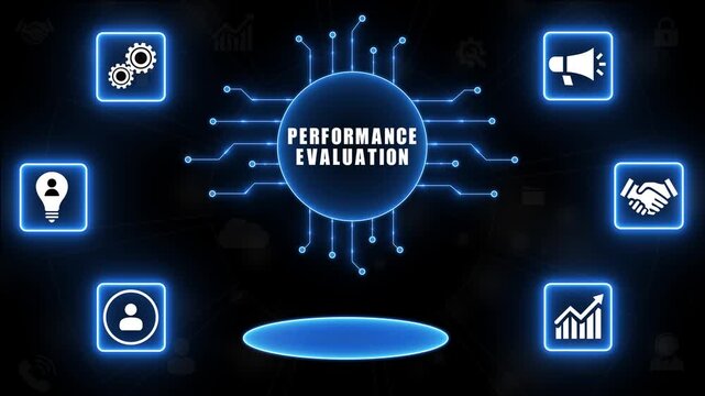 Central glowing circle with PERFORMANCE EVALUATION surrounded by connected icons representing business concepts on a dark blue background.4k Animation.