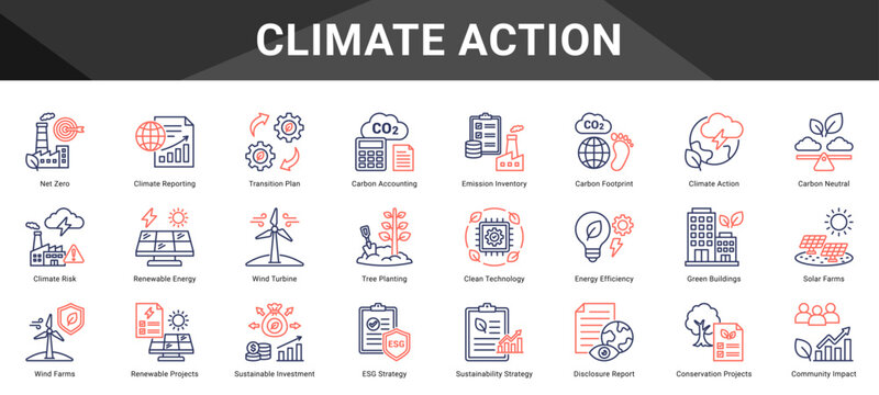 CLIMATE ACTION  Icon set collection. Vector icon pack featuring thematic icons for your presentations or business.
