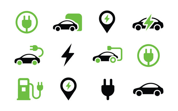  Electric Vehicle and EV Charging Station Icon Set for Green Energy Transportation.
