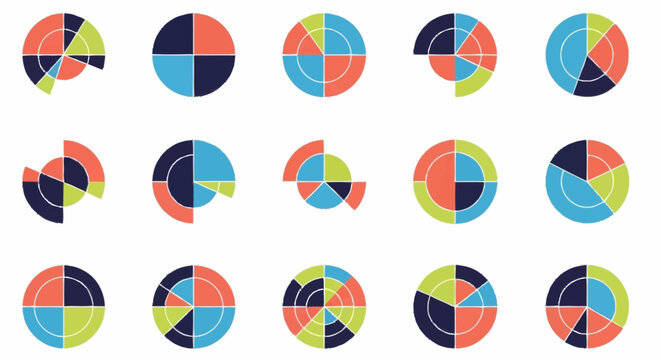 Colorful pie charts in circles.