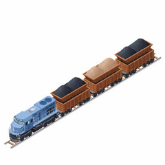 Blue diesel locomotive pulling four freight cars filled with coal and gravel on a railway track. © karina
