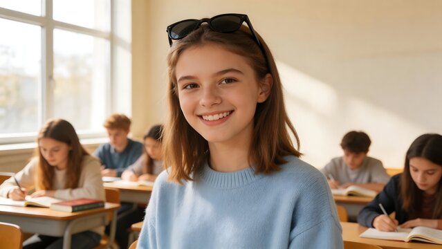 Smiling student in classroom with peers