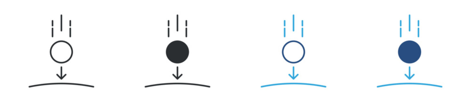 Falling ball icon set. gravity and motion concept. physics drop symbol with arrow. vector illustration.