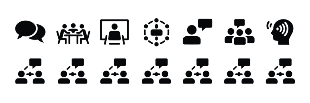 Business communication and teamwork icon set, black silhouettes for professional collaboration, meeting, and networking design.