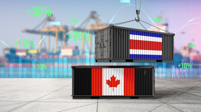 Trade Containers: Illustrating the global flow of goods and international trade, two shipping containers, one bearing the flag of Costa Rica and the other Canada.