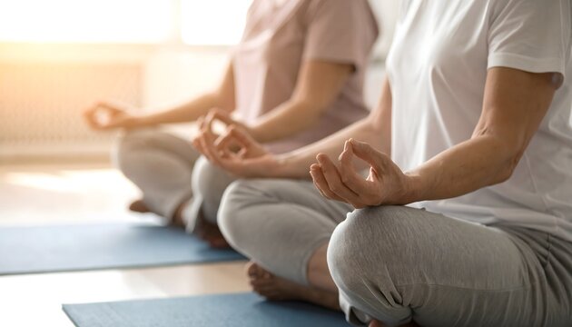 Pareja meditando en casa durante una sesi&oacute;n de yoga y bienestar