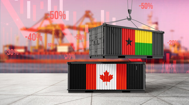Global Trade Dynamics: Two shipping containers, one emblazoned with the flag of Guinea-Bissau and the other with Canada's, are suspended at a bustling port.