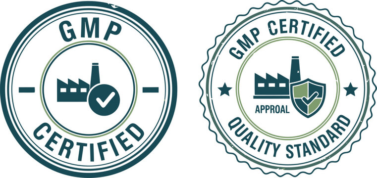 GMP Certified Quality Standard Badges Vector Set for Manufacturing and Pharmaceutical Compliance