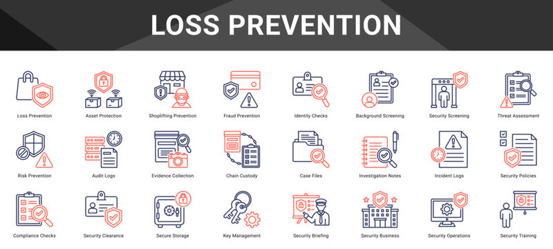 LOSS PREVENTION  Icon set collection. Vector icon pack featuring thematic icons for your presentations or business.