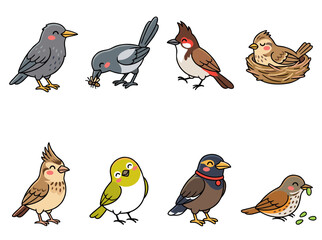 Obraz premium Collection of Small Garden Birds Illustrations in Different Poses. Cute Cartoon Bird Characters Including Sparrow and Finch Isolated on White Background