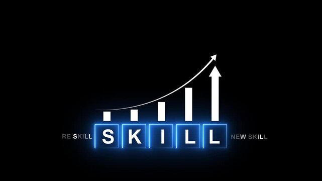 skills icon on glowing neon graph concept. Upskilling and personal development concept. Skill training, education, learning, ability. Upskilling, reskilling,.4k motion video
