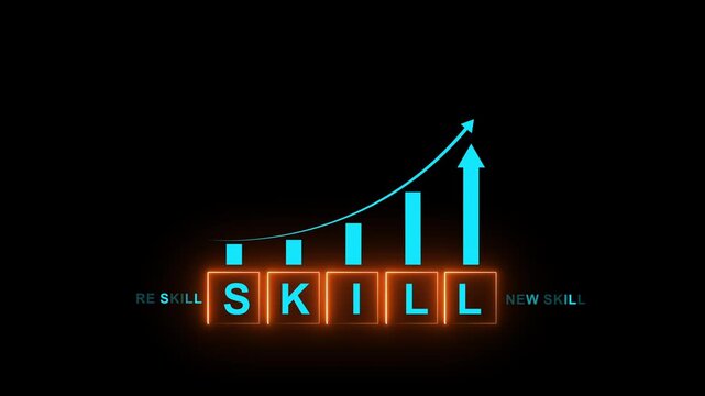 skills icon on glowing neon graph concept. Upskilling and personal development concept. Skill training, education, learning, ability. Upskilling, reskilling,.4k motion video