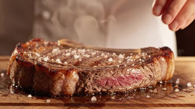 Seamless loop of chef hand sprinkling salt on hot roasted Brazilian picanha beef, traditional Brazilian BBQ barbecue, cinematic 4k, appetizing gourmet meat. Loop 4k in looping video