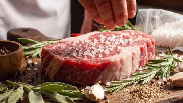 Chef hand seasoning raw Brazilian picanha beef with salt for traditional Brazilian BBQ barbecue, wooden board, fresh herbs, cinematic 4k close up footage. Loop 4k in looping video