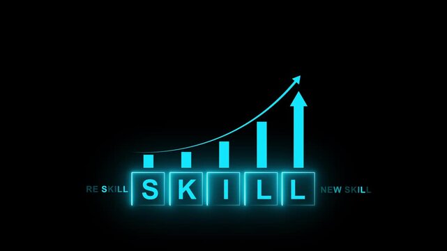 skills icon on glowing neon graph concept. Upskilling and personal development concept. Skill training, education, learning, ability. Upskilling, reskilling,.4k motion video