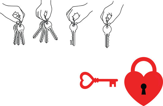 Romantic Heart Shaped Lock and Key Set with Hands Holding Keychain Illustrations for Wedding, Valentine's Day, Love, and Security Themed Designs