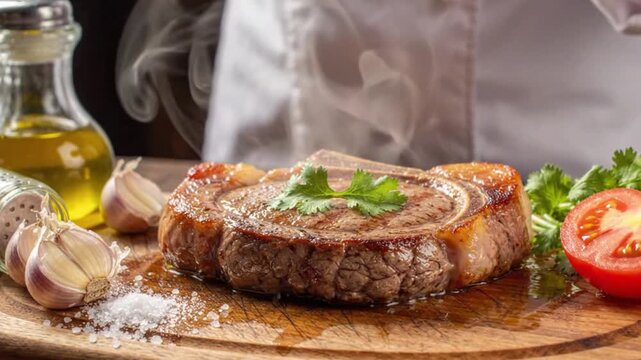 Close up of chef hand placing cilantro on roasted steak on wooden board, cinematic 4k, warm natural light, cozy kitchen atmosphere, gourmet food preparation. Loop 4k in looping video
