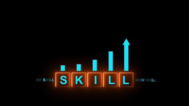 skills icon on glowing neon graph concept. Upskilling and personal development concept. Skill training, education, learning, ability. Upskilling, reskilling,.4k motion video