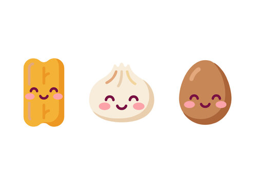 Kawaii Asian Food and Breakfast Characters Set, Cute Dumpling Egg and Biscuit Icons with Smiling Faces Isolated on White Background Vector Art