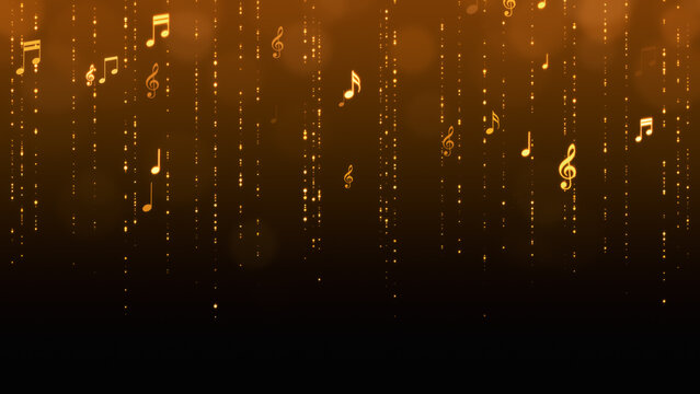 golden music note and shiny glittering gold stars strings , musical concert and party social media and story background