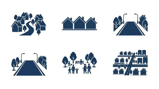 Suburban Neighborhood Icons: Houses, Streets, Park, and Cityscape Silhouettes
