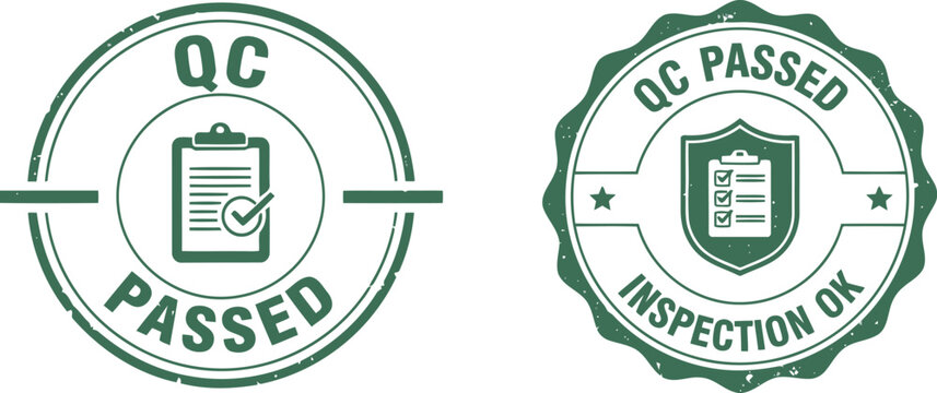 QC Passed Stamp Badge Set for Quality Control and Inspection Approval in Green Vector Design
