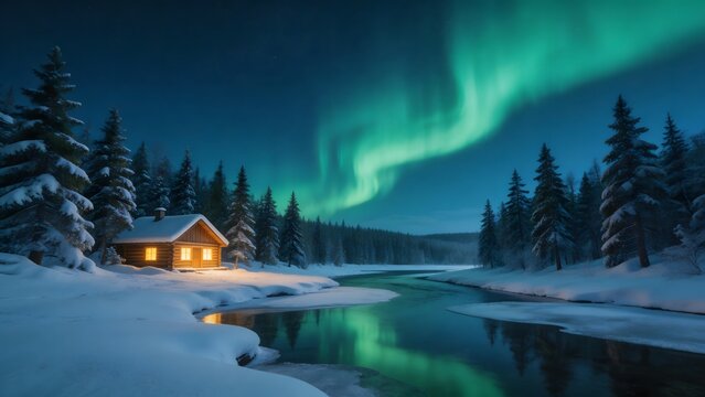 Snowy cabin under northern lights