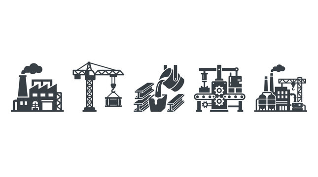 Industrial Factory Icons: Manufacturing, Construction, and Metallurgy