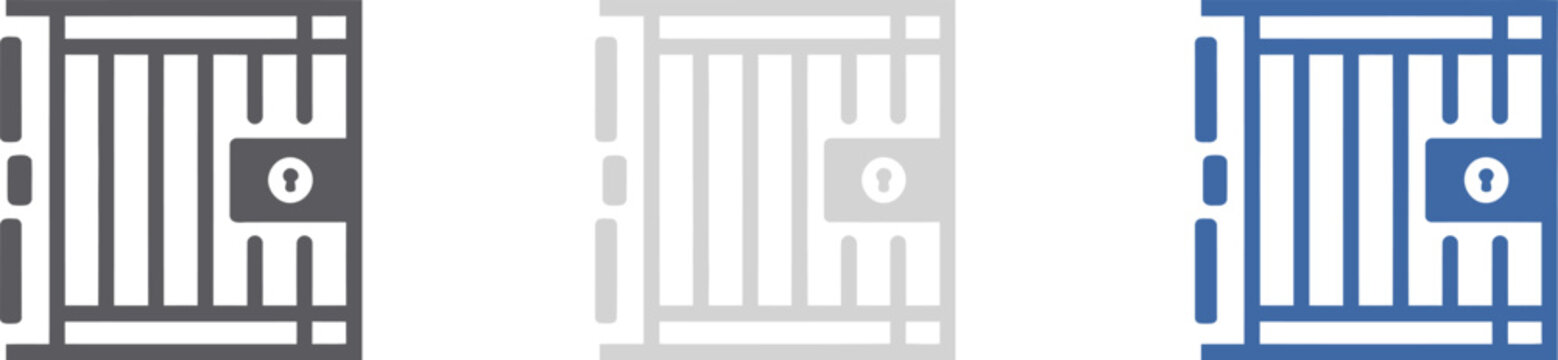Jail icon, symbol collection, minimal flat black prison bars icon set representing incarceration detention and security system concepts isolated on white background.