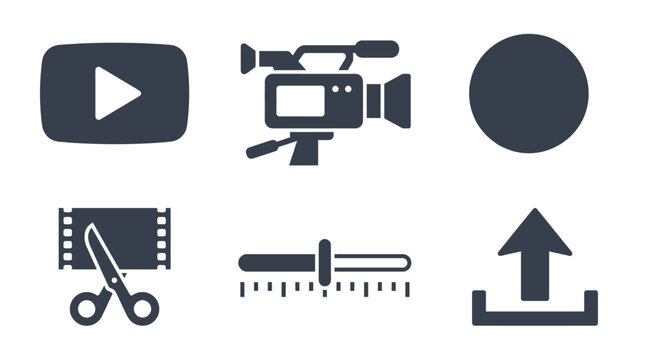 Video Production Icons: Play Button, Camera, Record, Editing, Settings, Upload