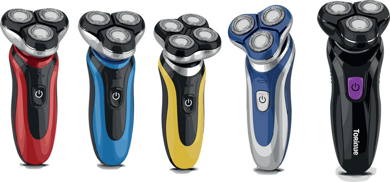 Set of 5 Electric Shavers in Various Colors Including Red, Blue, Yellow, Black, and Silver, Ideal for Personal Care and Grooming Designs