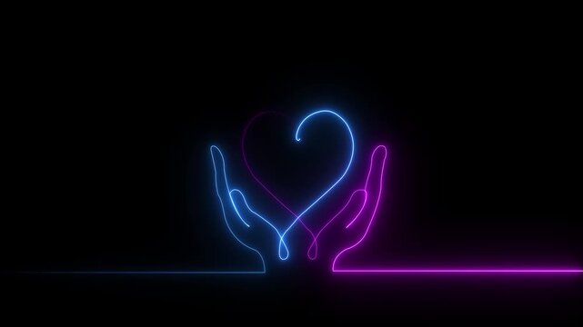 Human hands and heart self drawing animation. Charity and love concept. black background. motion golden line color 4k video...
